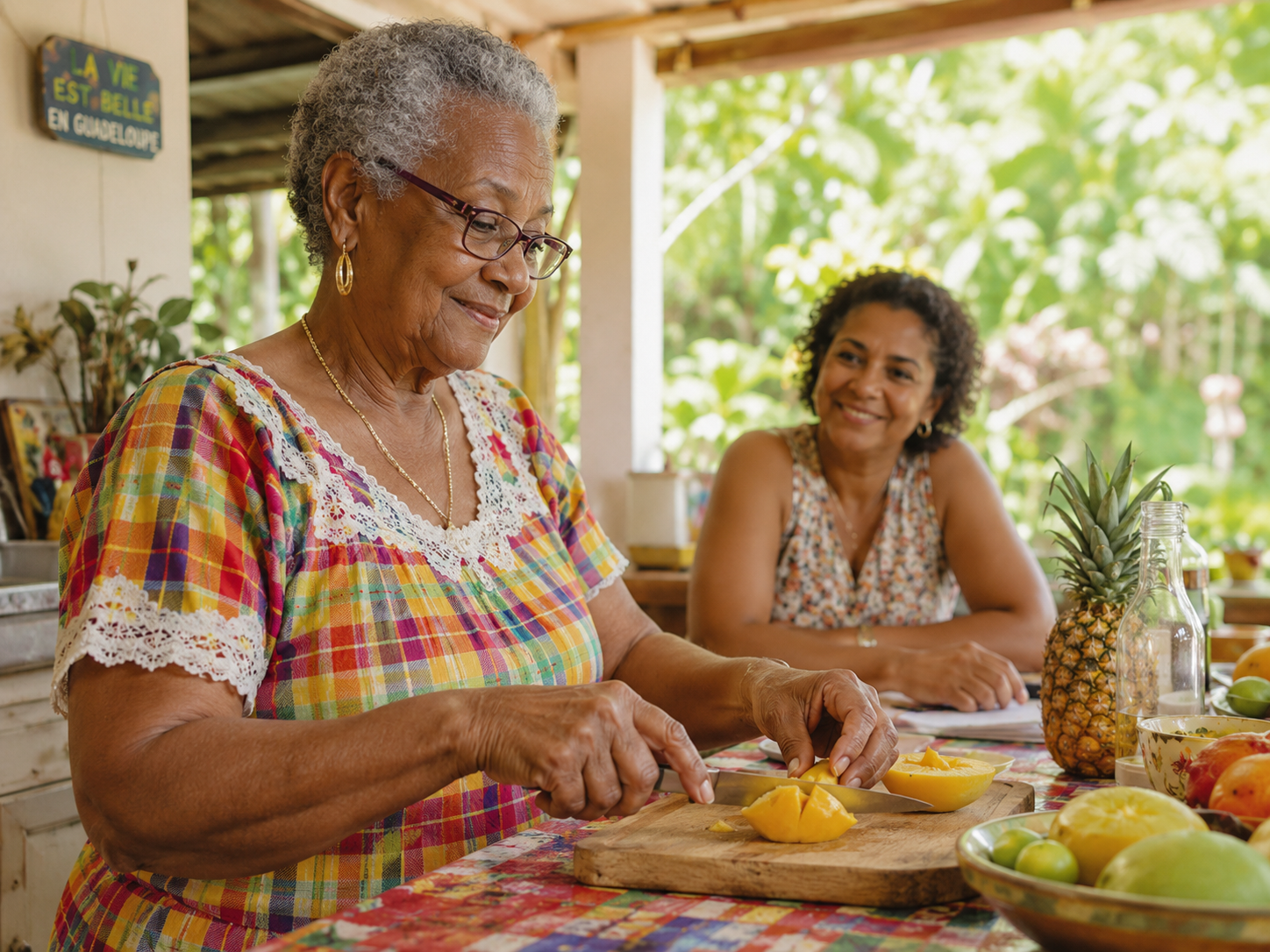 Une dame âgée coupe une mangue sur une planche en bois, tandis qu'une proche souriante l'observe, sur une terrasse ombragée en Guadeloupe.