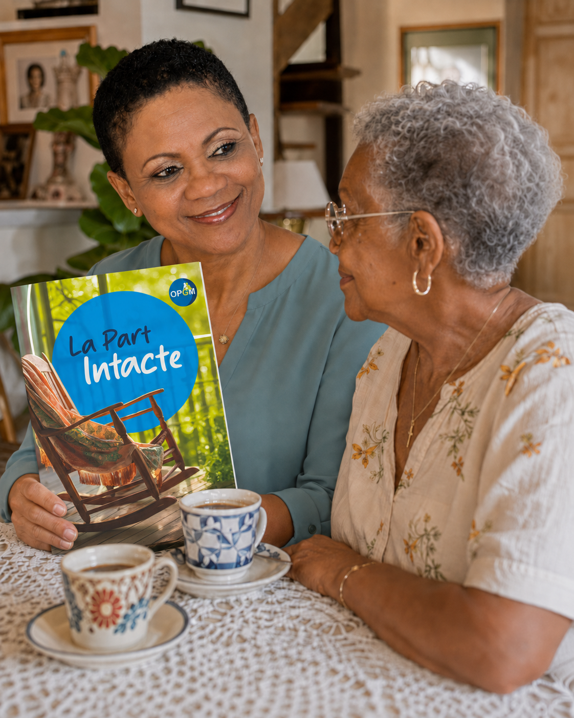 France en conversation avec une dame âgée autour du livret « La Part Intacte »