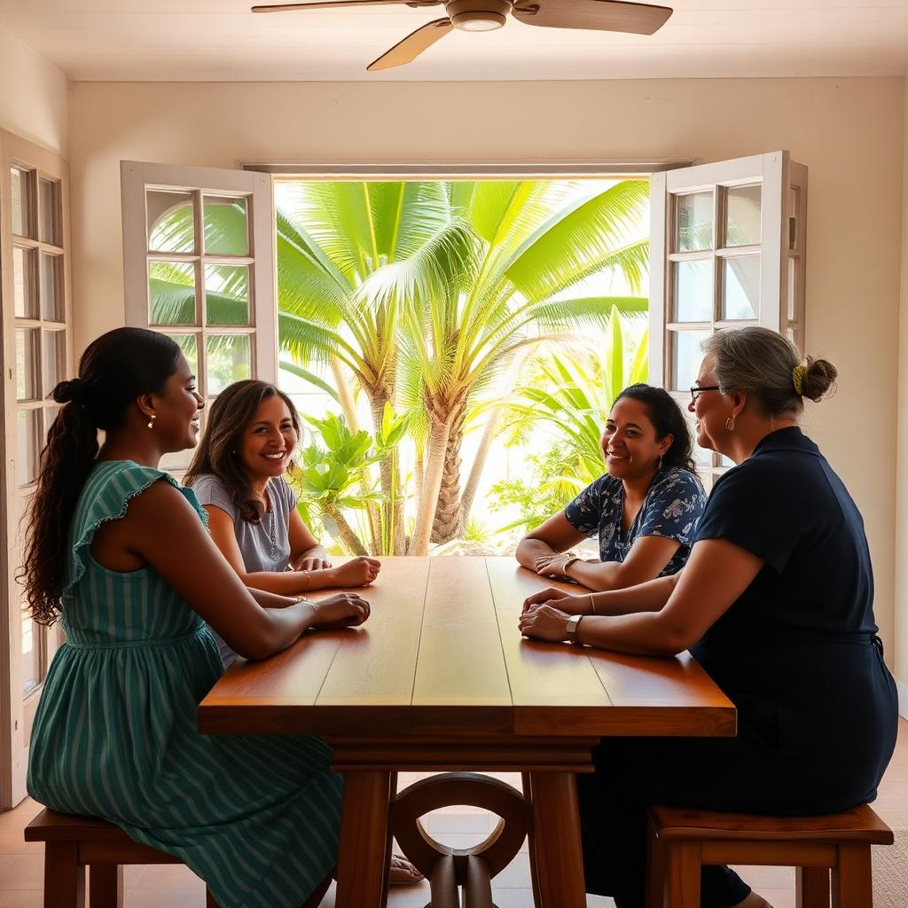Quatre femmes réunies autour d'une table en bois, dans un intérieur lumineux ouvert sur la végétation guadeloupéenne