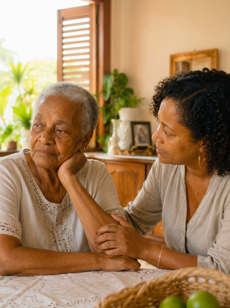 Deux femmes en Guadeloupe partagent un moment de présence attentive.